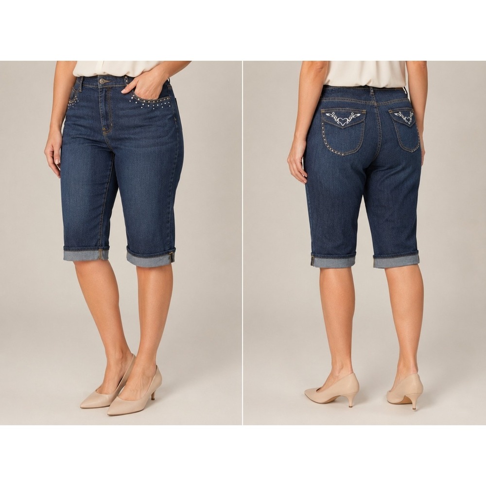 DKIN Women's Plus Size 22W Denim Bermuda Shorts Studded Embellished Stretch Blue